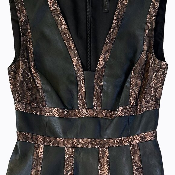 BCBGMaxAzria Dress Sz2 Black Faux Leather Pleated Brown Lace V-Neck 90s Goth Y2K - Picture 4 of 8